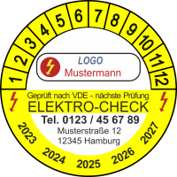 P0081 Prüfplakette Elektro Check VDE mit Firma und Logo 