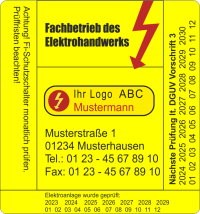 P1003 Prüfaufkleber Baustromverteiler Logo DGUV Vorschrift 3 mit Firmenaufdruck und Logo 